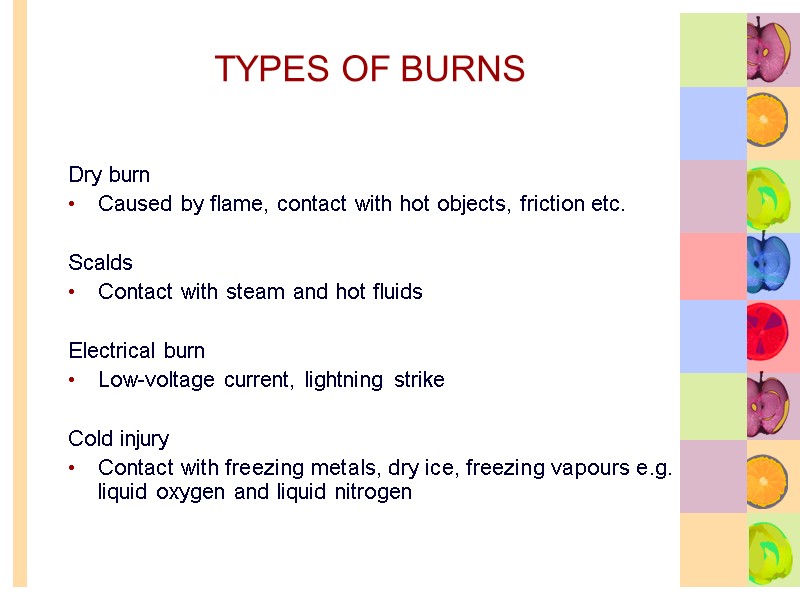 TYPES OF BURNS Dry burn Caused by flame, contact with hot objects, friction etc.